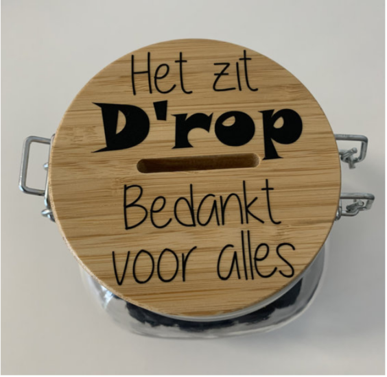 Spaar/Snoeppot het zit D'rop bedankt voor alles | Juf & Meester Cadeau 3