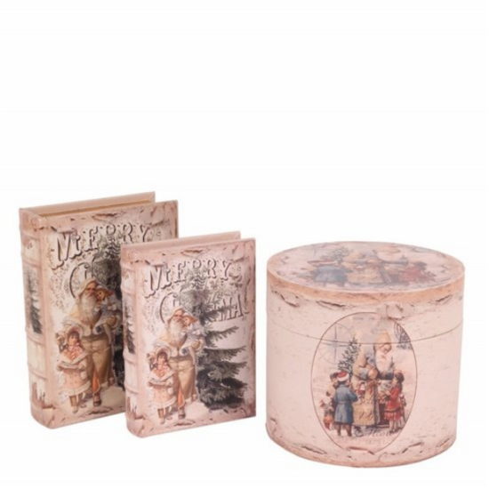 Opbergbox doos rond Ø20 cm Kerstman met kinderen mdf PU leer | Dutch Style | 10518811