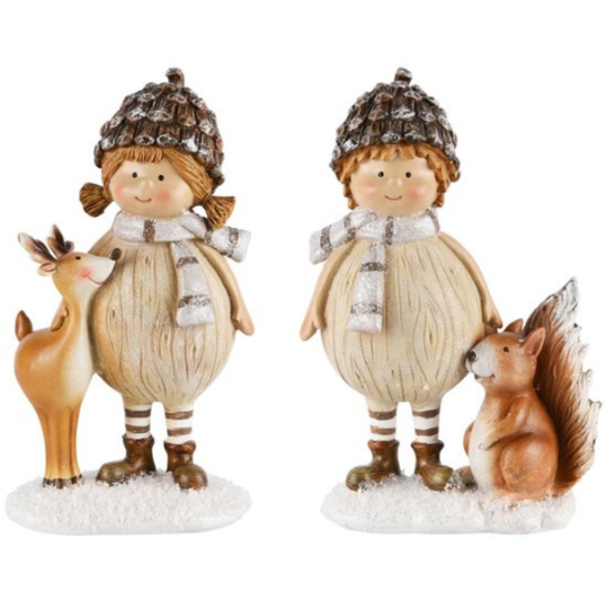 Set van decoratiebeelden kindje met rendier & eekhoorn 18 x 11 x 6 cm | Dekoratief Winterdecoratie | A215888