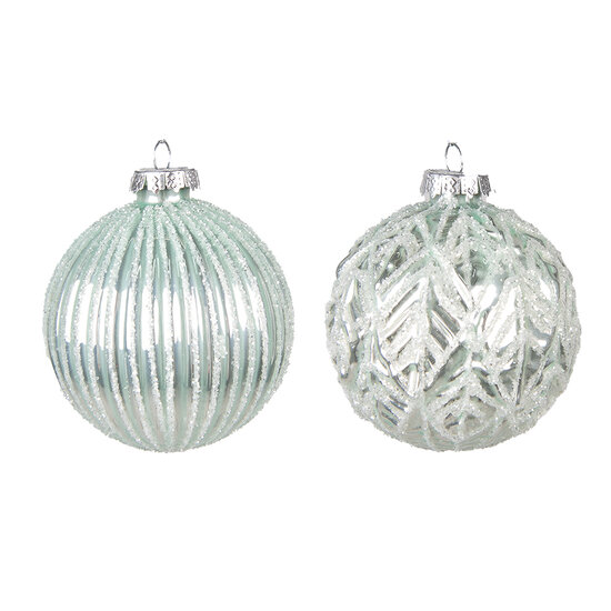 Clayre & Eef | Kerstballen set van 2 Groen Zilverkleurig ø 8x8 cm | 6GL4127