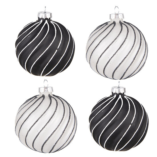 Clayre & Eef | Kerstballen set van 4 Zwart Grijs ø 8x8 cm | 6GL4132