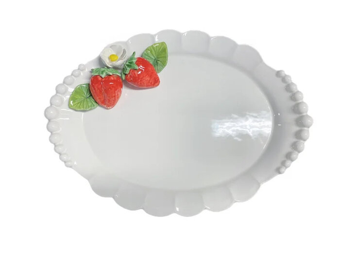 Ovale schaal reliëf aardbeien 38 x 26 wit rood | Serveerschaal | AL019 | Piccobella