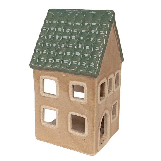Clayre & Eef | Theelichthouder Kerst Huisje Bruin, Groen 8x8x15 cm | 6CE1600