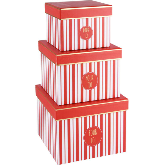 Dekoratief | Set 3 dozen vierkant 'Pour Toi', rood/wit, 19x19x14cm | A220065