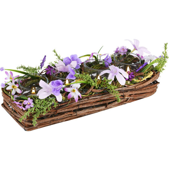 Dekoratief | Tafelstukje lang m/paarse bloemen, naturel, 32x13x9cm | A220472