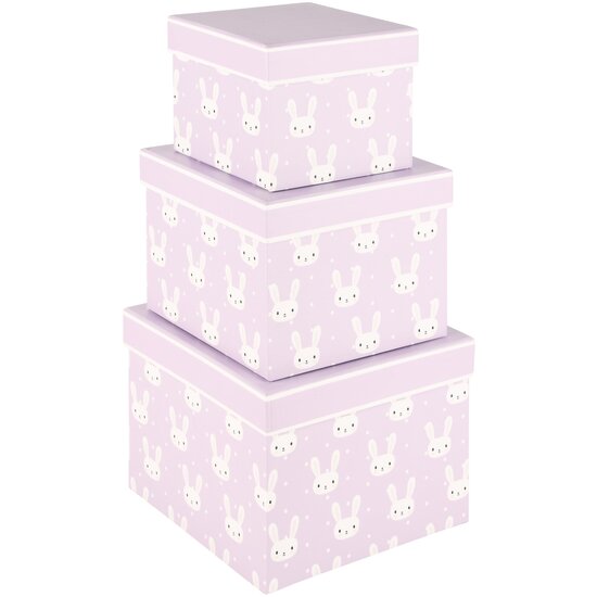 Dekoratief | Set 3 dozen vierkant 'Bunny Love', lila/wit, 19x19x14cm | A230230