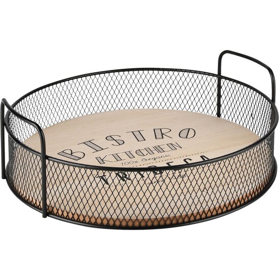 Dekoratief | Dienblad rond 'Bistro', zwart/naturel, metaal/hout, 30x30x10cm | A235030