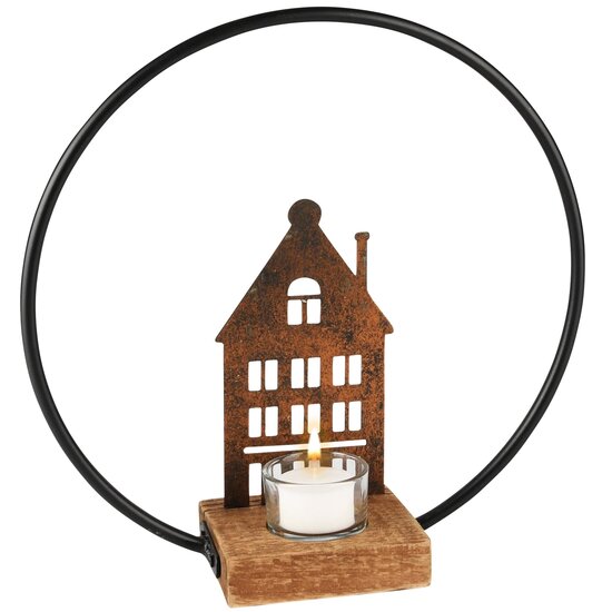 Dekoratief | Theelichthouder boog m/huis, metaal/glas, 28x9x29cm | A235395