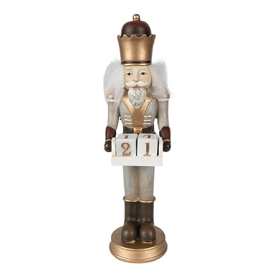 Clayre & Eef | Kerstdecoratie Beeld Notenkraker met Kalender Grijs, Goudkleurig 7x7x22 cm | 6PR4952