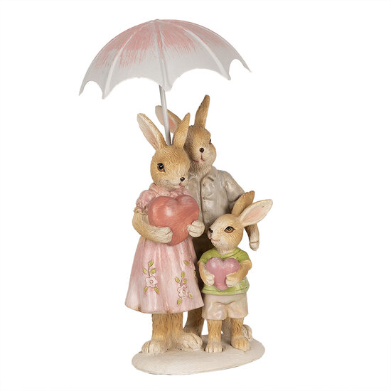 Clayre & Eef | Decoratie Beeld Konijnen met paraplu Bruin Roze 9x9x19 cm | 6PR4106