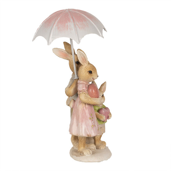 Clayre & Eef | Decoratie Beeld Konijnen met paraplu Bruin Roze 9x9x19 cm | 6PR4106