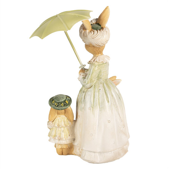 Clayre & Eef | Decoratie Beeld Konijnen met paraplu Bruin Groen 16x11x21 cm | 6PR5023