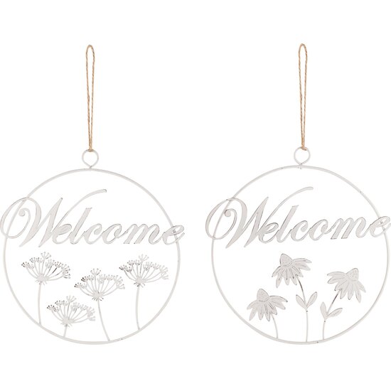 Dekoratief | Hanger ring 'Welcome', wit, metaal, 18x18cm, set van 2 stuks | A240548