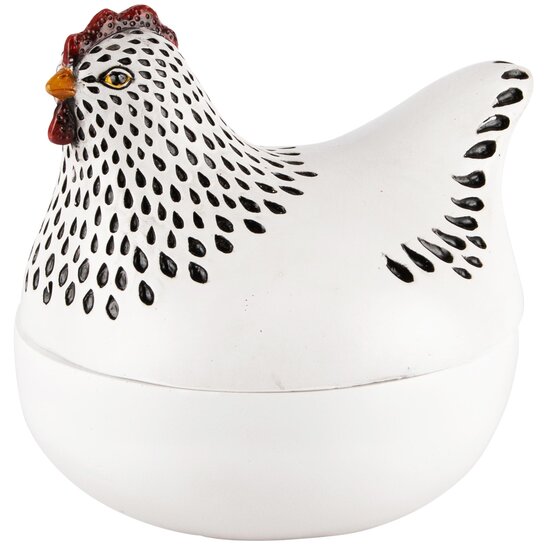 Dekoratief | Kip pot m/deksel, wit/zwart, resina, 14x13x14cm | A240349