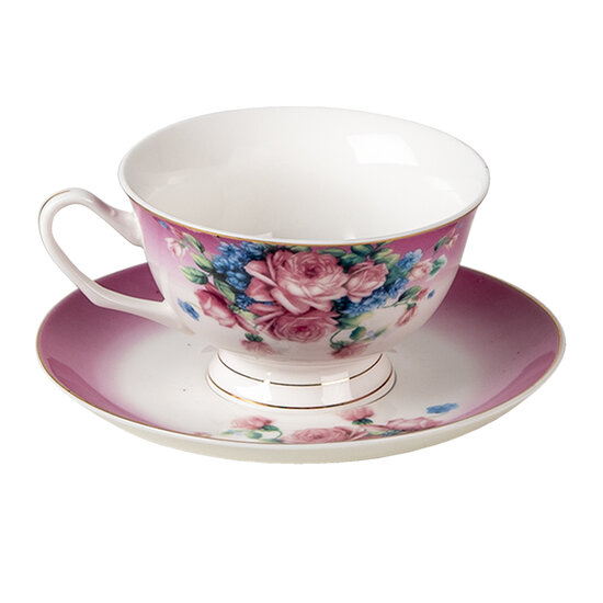 Clayre & Eef | Kop en schotel Paars 12x10x6 cm / ø 15x2 cm / 200 ml | 6CE1275