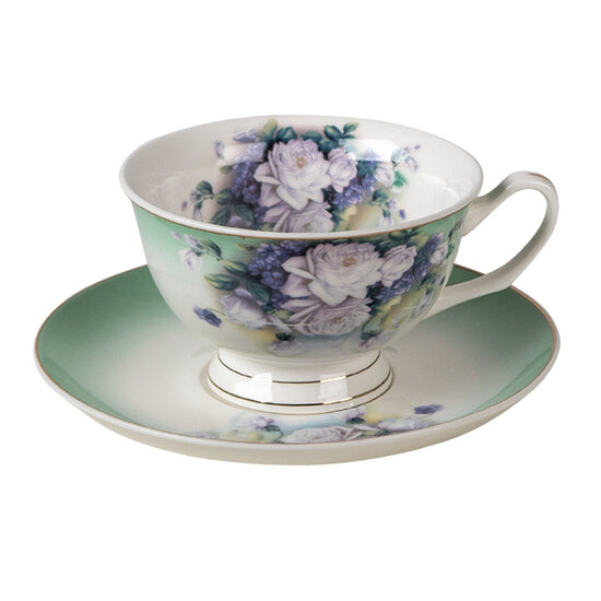 Clayre & Eef | Kop en schotel Groen, Wit 12x10x6 cm / ø 15x2 cm / 200 ml | 6CE1276