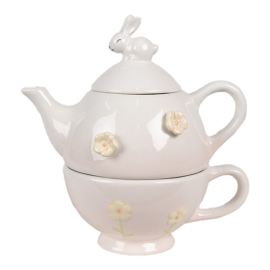 Clayre & Eef | Tea for One Roze Wit 18x12x13 cm /ø 15x11x7 cm 500 ml / 275 ml | 6CE1698