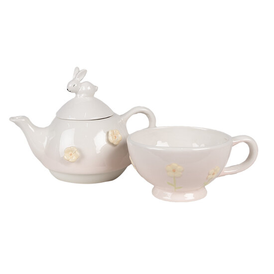 Clayre & Eef | Tea for One Roze Wit 18x12x13 cm /ø 15x11x7 cm 500 ml / 275 ml | 6CE1698