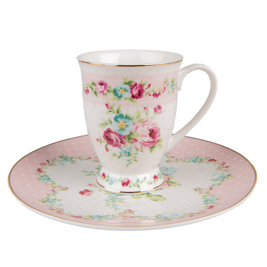 Clayre & Eef | Mok Wit, Roze 12x9x10 cm / 300 ml | 6CEMU0127