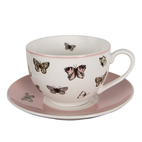 Clayre & Eef | Kop en schotel Wit Roze 12x9x6 cm / ø 14x2 cm / 200 ml | BPDKS