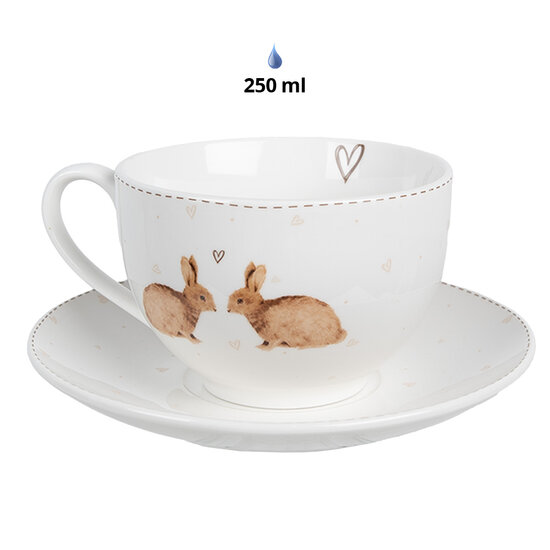 Clayre & Eef | Kop en schotel Wit Bruin 12x9x6 cm / ø 14x2 cm / 250 ml | BSLCKS