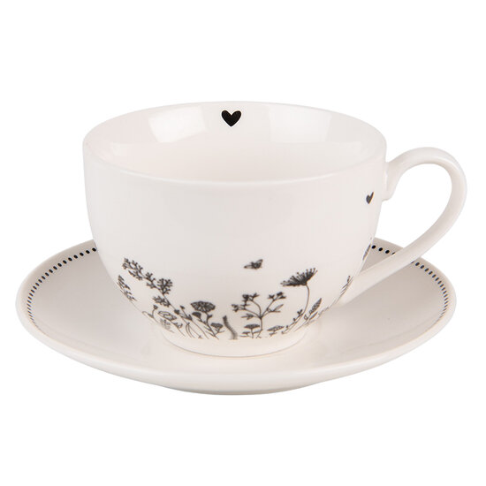 Clayre & Eef | Kop en schotel Beige Zwart 12x9x6 cm / ø 14x2 cm / 200 ml | FAFKS