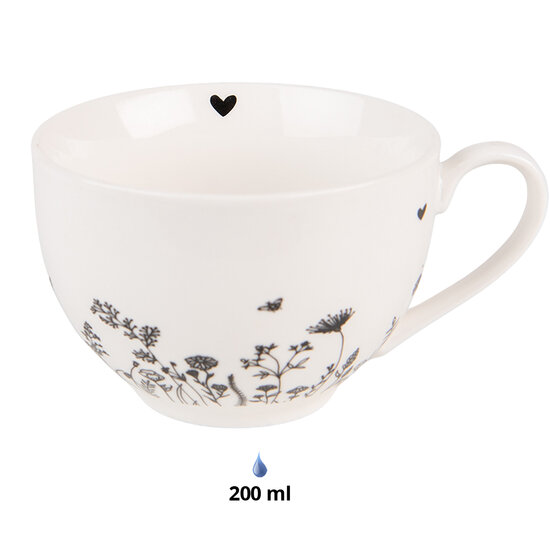 Clayre & Eef | Kop en schotel Beige Zwart 12x9x6 cm / ø 14x2 cm / 200 ml | FAFKS