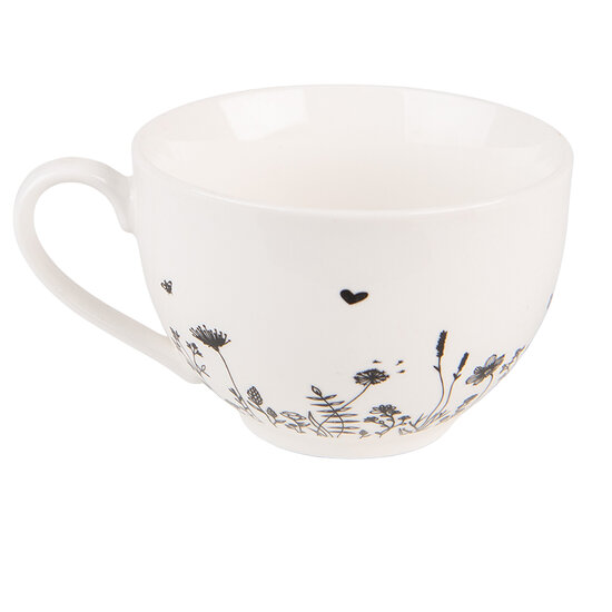 Clayre & Eef | Kop en schotel Beige Zwart 12x9x6 cm / ø 14x2 cm / 200 ml | FAFKS