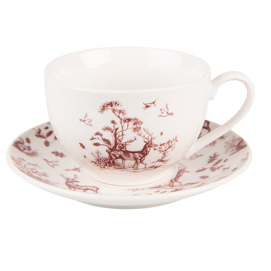 Clayre & Eef | Kop en schotel Beige Rood 12x9x6 cm / ø 14x2 cm / 200 ml | PFTKS