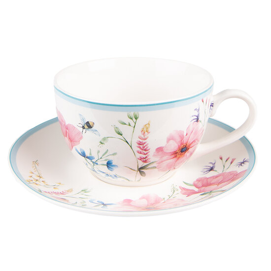 Clayre & Eef | Kop en schotel Wit, Roze 12x8x10 cm / ø 15x2 cm / 230 ml | PPOKS