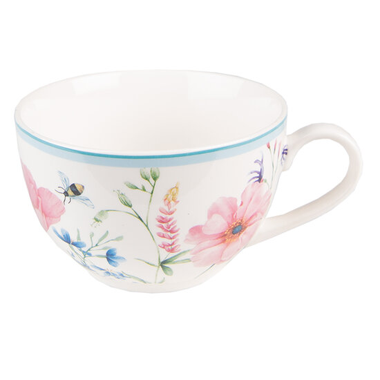 Clayre & Eef | Kop en schotel Wit, Roze 12x8x10 cm / ø 15x2 cm / 230 ml | PPOKS
