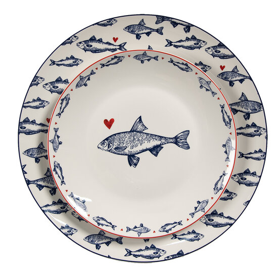 Clayre & Eef | Servies Groot Bord Wit Blauw ø 26x2 cm | SSFFP