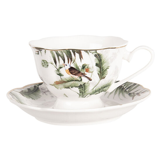 Clayre & Eef | Kop en schotel Wit, Groen 12x9x7 cm / ø 14x2 cm / 220 ml | TRBKS