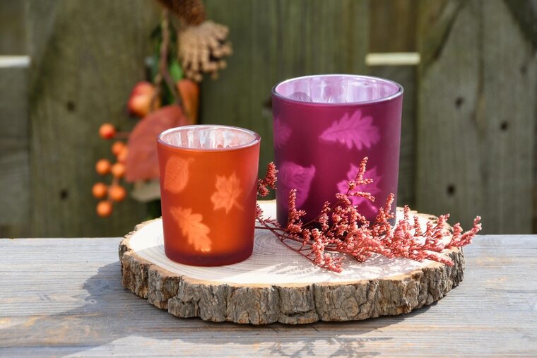 Dekoratief | Theelichthouder 'Autumn Leaves', oranje, glas, 6x6x7cm | A245328