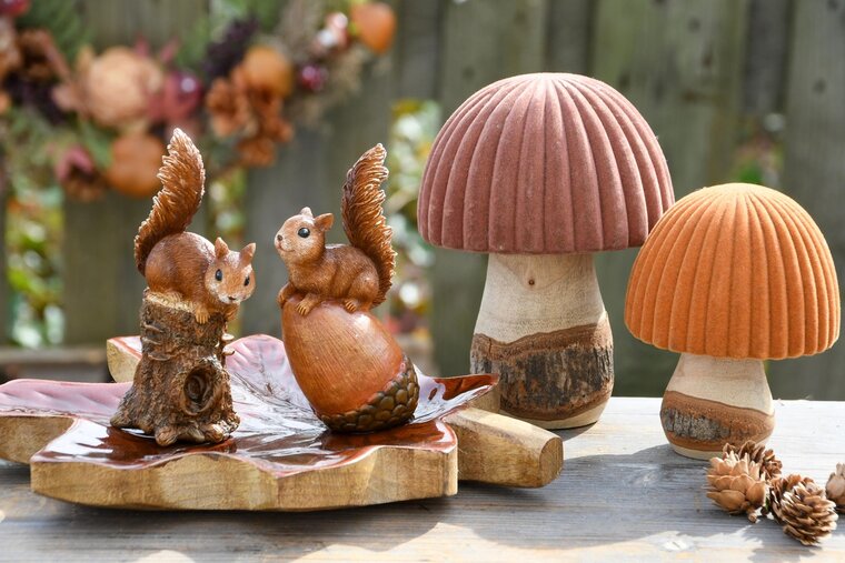 Dekoratief | Paddenstoel 'Flocked', bruin, hout/stof, 9x9x12cm | A245330