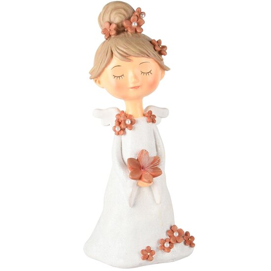 Dekoratief | Engelmeisje staand m/bloemen, wit/roze, resina, LED, 12x9x26cm | A245634