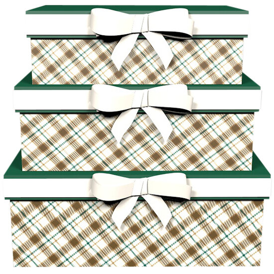Dekoratief | Set 3 dozen rechthoek m/strik 'Nordic Check', 26x18x10cm | A245848
