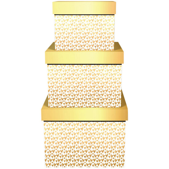 Dekoratief | Set 3 dozen vierkant 'Mini Hearts Gold', 18x18x14cm | A245983