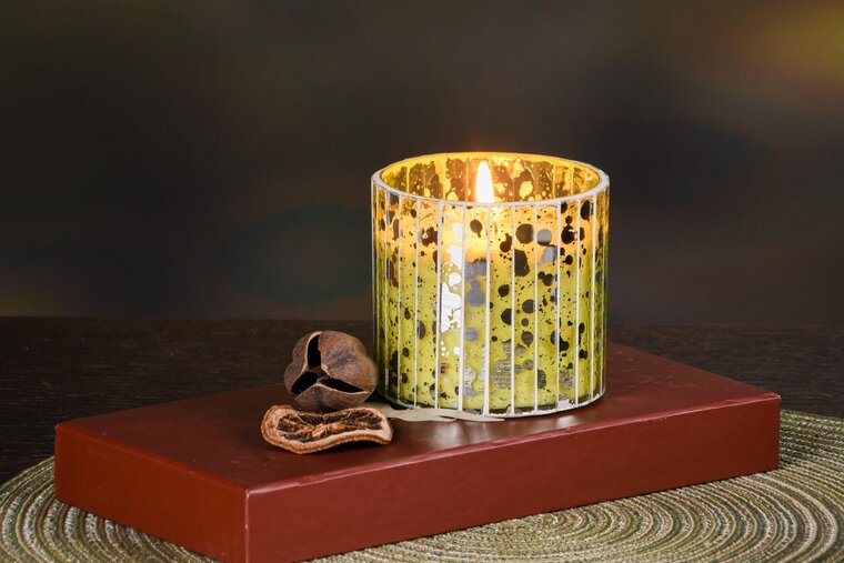 Dekoratief | Geurkaars 'Matcha' parfum orange/kaneel, glas/wax, 8x8x9cm | A248027