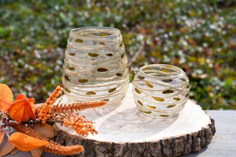 Dekoratief | Theelichthouder 'Gold Wired', transparant, glas, 8x8x7cm | A248042