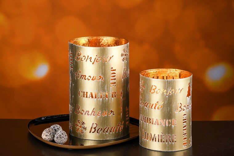 Dekoratief | Set 2 Waxinelichthouders 'Bonheur/Chaleur', goud, metaal, 13x13x20cm | A248126