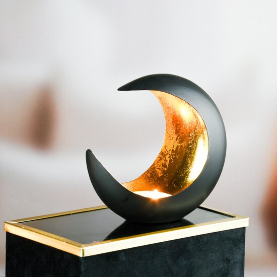 Dekoratief | Theelichthouder halve maan, goud/zwart, metaal, 9x18x18cm | A248252
