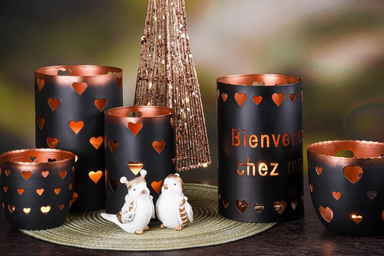 Dekoratief | Set 2 Waxinelichthouders 'Bienvenue Chez Moi', zwart/koper, metaal, 13x13x20cm | A248264