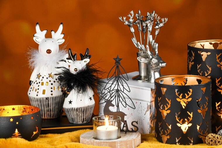 Dekoratief | Set 2 Waxinelichthouders 'Lovely Deer', zwart/goud, metaal, 13x13x18cm | A248265