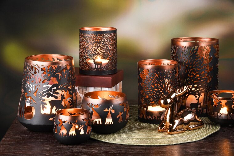 Dekoratief | Set 2 theelichthouders 'Naive Deer', zwart/koper, metaal, 12x12x9cm | A248270