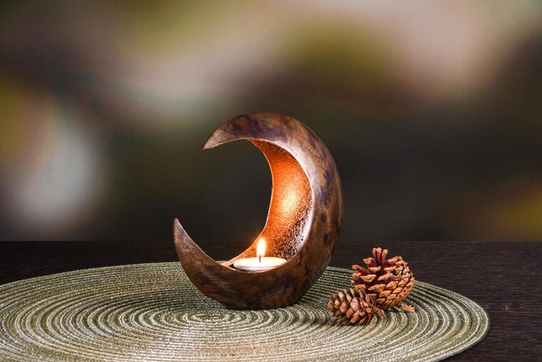 Dekoratief | Theelichthouder maan 'Copper Cosmos', metaal, 14x9x13cm | A248286