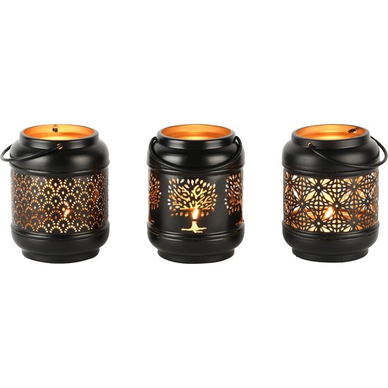 Dekoratief | Theelichthouder 'Mixed', zwart/goud, metaal, 8x8x10cm, set van 3 stuks | A248311