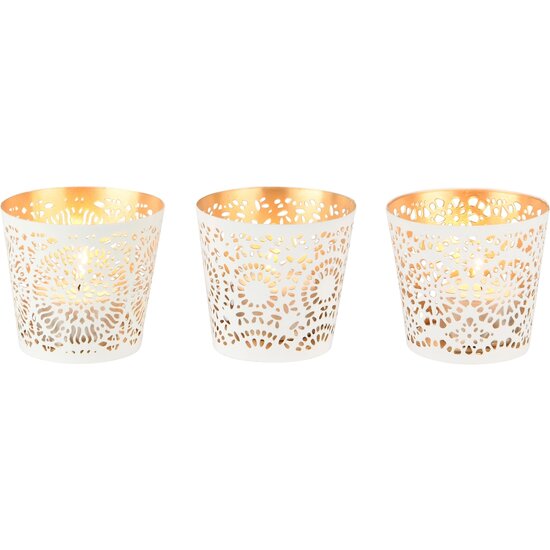 Dekoratief | Theelichthouder 'Mandala', wit/goud, metaal, 7x7x7cm, set van 3 stuks | A248313