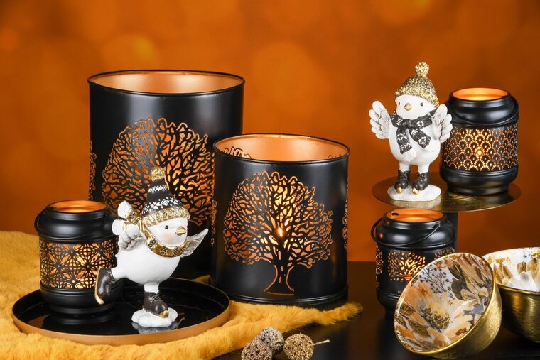 Dekoratief | Set 2 Waxinelichthouders 'Zen Tree', zwart/goud, metaal, 16x16x21cm | A248319
