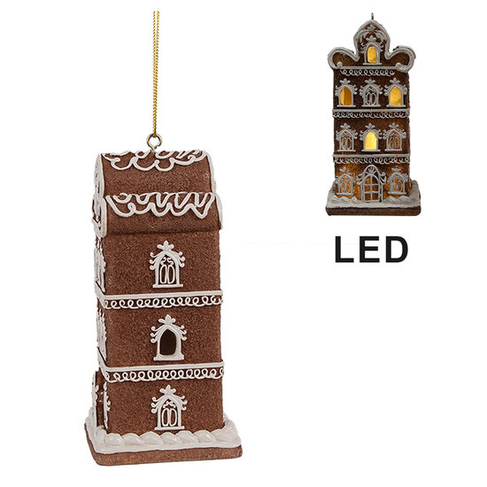 Clayre & Eef | Decoratie hanger huisje met LED Bruin 6x6x12 cm | 6PR4360